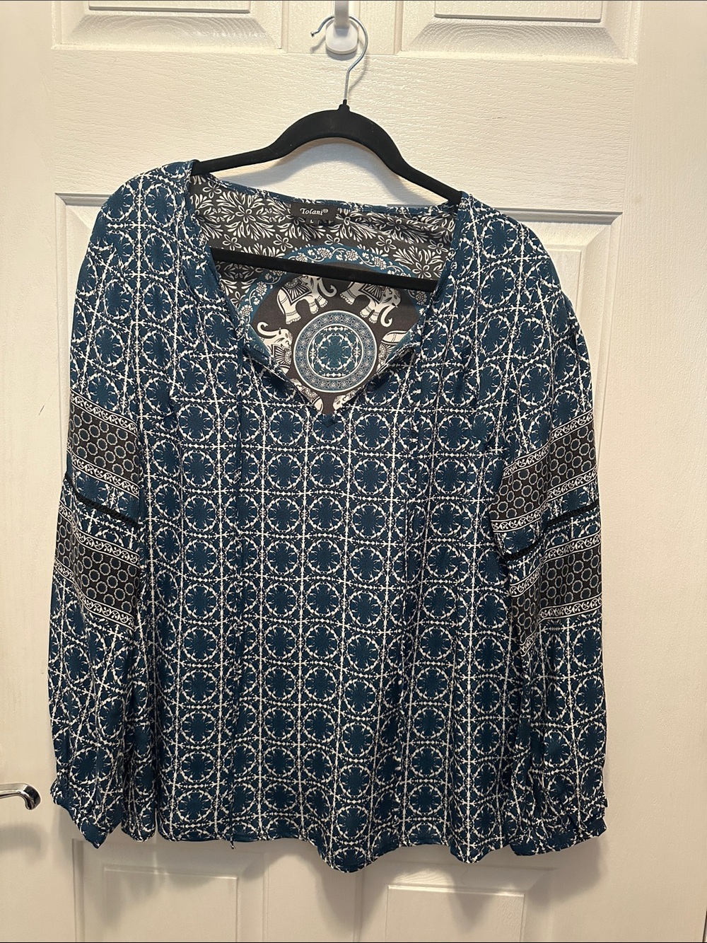 Tolani 100% Silk Teal and White Printed V-Neck Tunic Boho Size L